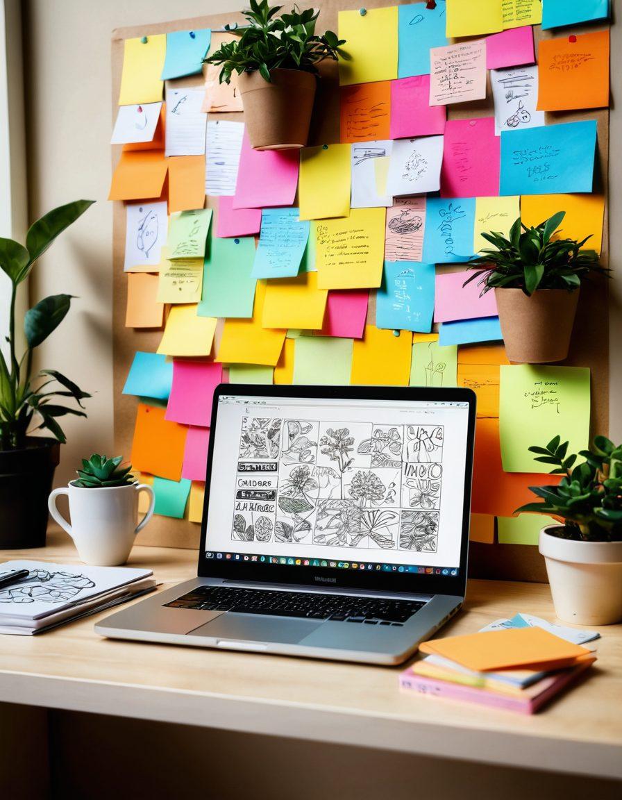 A creative workspace showcasing a laptop with engaging web content displayed, surrounded by colorful sticky notes filled with ideas and sketches. Include a coffee cup, a plant for a touch of nature, and ambient lighting to create an inspiring atmosphere. The scene should evoke a sense of creativity and productivity. super-realistic. vibrant colors.