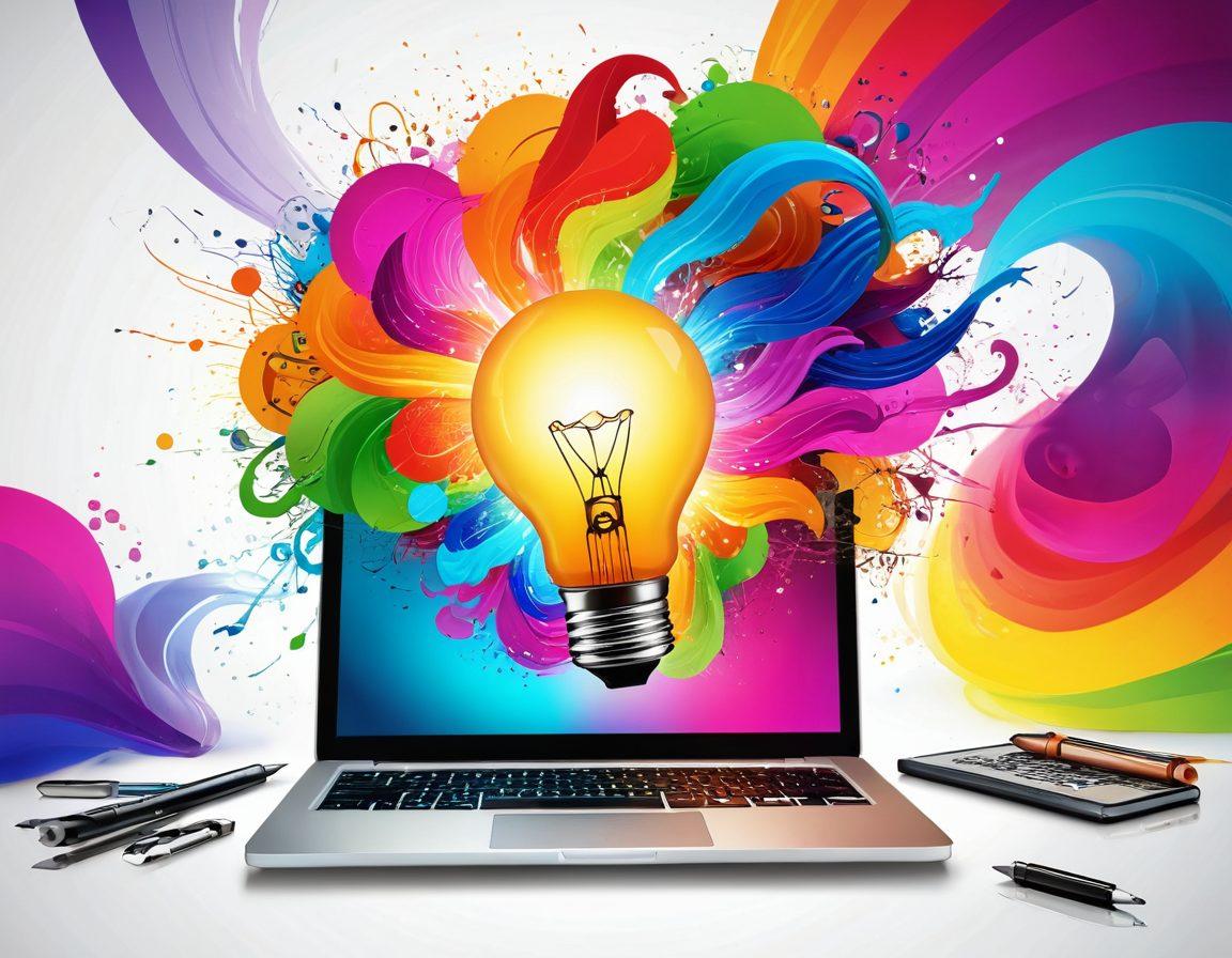A vibrant lightbulb bursting with colorful ideas, surrounded by digital tools like a laptop, tablet, and sketchpad. The background features abstract swirls representing creative thoughts flowing into engaging content. Bright colors and a dynamic composition to evoke inspiration and imagination. super-realistic. vibrant colors. white background.